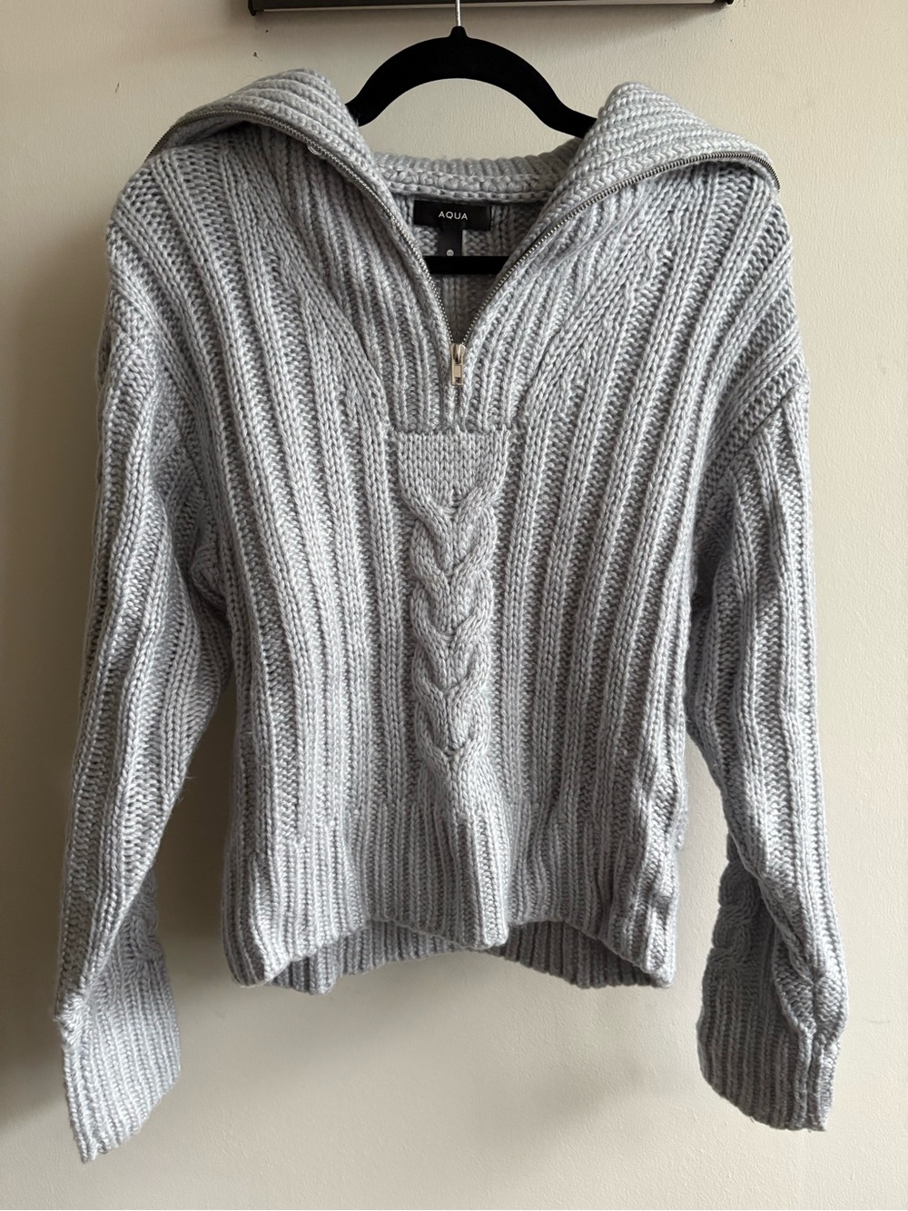 Aqua Light Gray Cable-Knit Half Zip Sweater